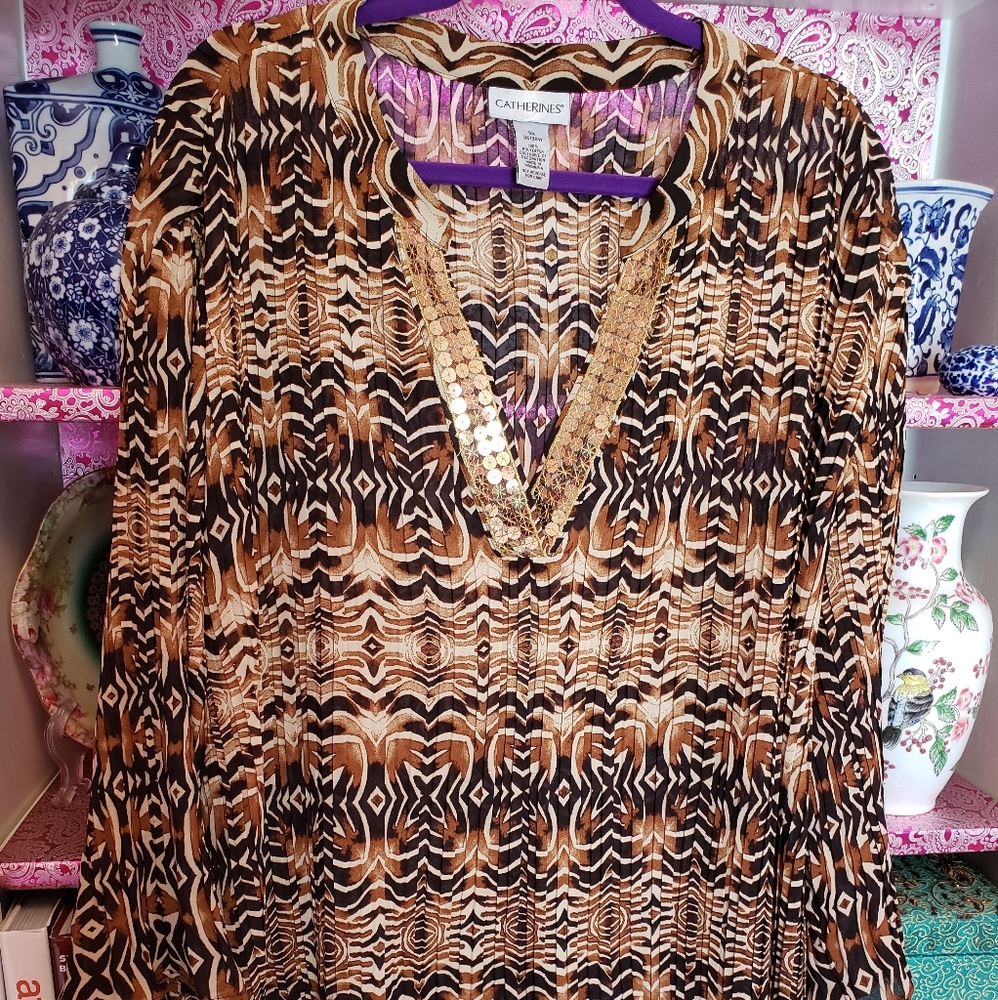 Catherines Brown Batik pleated blouse 5x